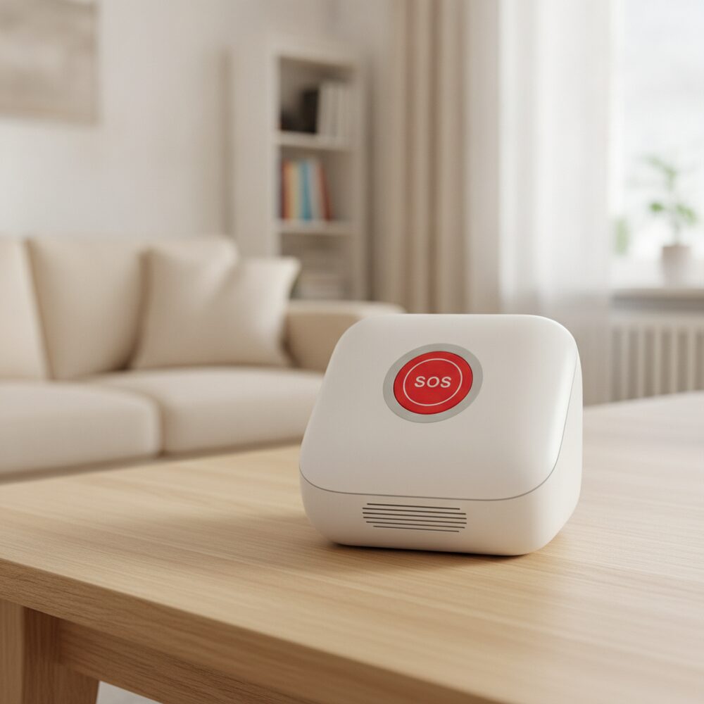 Carewatch Basis — Hausnotruf-Basisstation mit rotem Notrufknopf auf einem Wohnzimmertisch
